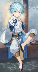 Rule 34 | 1boy, ahoge, blue eyes, blue hair, blush, child, chinese clothes, chongyun (genshin impact), cup, food, genshin impact, gloves, hair between eyes, hair ornament, highres, holding, hood, jewelry, konmamion, long hair, long sleeves, looking at viewer, male focus, multiple boys, open mouth, short hair, simple background, smile, teacup