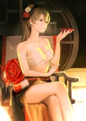 Rule 34 | 1girl, absurdres, azur lane, bare shoulders, breasts, chair, cleavage, crossed legs, flower, hair between eyes, hair flower, hair ornament, highres, holding, jean bart (azur lane), jean bart (first snow upon the cutlass&#039;s edge) (azur lane), light brown hair, limart, long hair, midriff, official alternate costume, parted lips, plate, ponytail, sarashi, sitting, thighs