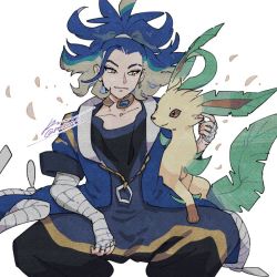Rule 34 | 1boy, adaman (pokemon), blue coat, blue hair, closed mouth, coat, collar, collarbone, commentary request, creatures (company), earrings, eyebrow cut, game freak, gen 4 pokemon, green hair, hand wraps, jewelry, leafeon, male focus, multicolored hair, nintendo, pokemon, pokemon (creature), pokemon legends: arceus, ponytail, sagemaru-br, signature, smile, twitter username, white background