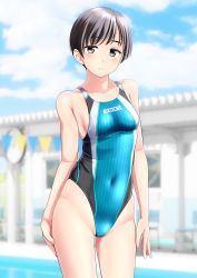 Rule 34 | 1girl, absurdres, aqua one-piece swimsuit, black hair, blue sky, blurry, blurry background, breasts, brown eyes, cloud, commentary request, competition swimsuit, covered navel, cowboy shot, day, highres, multicolored clothes, multicolored swimsuit, one-piece swimsuit, original, outdoors, short hair, sky, small breasts, solo, standing, string of flags, swimsuit, takafumi