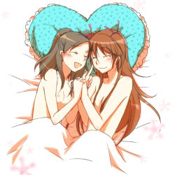 Rule 34 | 10s, 2girls, :d, afterglow, bed, bed sheet, blanket, blush, completely nude, couple, closed eyes, finger to face, frilled pillow, frills, half updo, holding hands, happy, heart, heart-shaped pillow, houjou hibiki, lying, minamino kanade, multiple girls, naked sheet, nude, open mouth, pillow, precure, sekihara umina, smile, suite precure, two side up, under covers, yuri