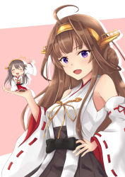 Rule 34 | 2girls, :d, absurdres, ahoge, bare shoulders, black hair, brown hair, chibi, dazzle paint, detached sleeves, double bun, closed eyes, gensoukitan, haruna (kancolle), headgear, highres, kantai collection, kongou (kancolle), long hair, looking at viewer, multiple girls, nontraditional miko, open mouth, purple eyes, remodel (kantai collection), seiza, simple background, sitting, smile, upper body, waving arm