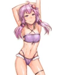 Rule 34 | 1girl, arms up, bikini, highres, long hair, purple eyes, purple hair, sasagawa (haikaiki), simple background, solo, swimsuit, twintails, vocaloid, voiceroid, yuzuki yukari