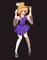Rule 34 | 1girl, 4qw5 (style), absurdres, black background, black footwear, blonde hair, brown headwear, commentary, einzeilhandery, english commentary, full body, hands on headwear, highres, long sleeves, medium hair, mixed-language commentary, moriya suwako, open mouth, pixel art, purple skirt, purple vest, shirt, sidelocks, simple background, skirt, solo, thighhighs, touhou, vest, white shirt, white thighhighs, wide sleeves