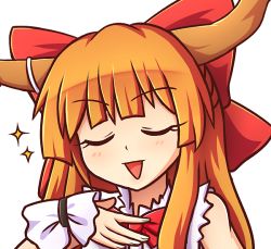 Rule 34 | 1girl, :&gt;, :d, bare shoulders, blush, bow, bowtie, closed eyes, commentary, commission, english commentary, facing viewer, hair bow, hand up, head tilt, horns, ibuki suika, long hair, lowres, oni, oni horns, open mouth, orange hair, red bow, red bowtie, shirt, sidelocks, simple background, sleeveless, sleeveless shirt, smile, solo, sparkle, touhou, upper body, white background, white shirt, wool (miwol), wrist cuffs