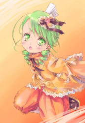 Rule 34 | 1girl, arms behind back, blush, dress, drill hair, green eyes, green hair, hair ornament, kanaria, long sleeves, looking at viewer, matching hair/eyes, open mouth, pokomi, puffy pants, rozen maiden, sleeves past wrists, solo, twin drills
