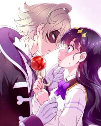Rule 34 | 1boy, 1girl, black coat, black hair, black sailor collar, blue eyes, bow, bowtie, candy apple, coat, couple, delicious party precure, eye contact, food, gloves, grey hair, height difference, hetero, highres, holding another&#039;s wrist, imminent kiss, kasai amane, kyoutsuugengo, long hair, long sleeves, looking at another, narcistoru, open clothes, open coat, precure, purple bow, purple bowtie, purple eyes, sailor collar, sailor shirt, shirt, short hair, white gloves, white shirt