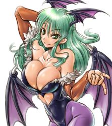 Rule 34 | 1girl, amania orz, bare shoulders, bat wings, breasts, bridal gauntlets, capcom, cleavage, closed mouth, demon girl, gloves, green eyes, green hair, head wings, large breasts, leotard, long hair, looking at viewer, morrigan aensland, pantyhose, simple background, smile, solo, vampire (game), white background, wings