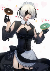 Rule 34 | 1girl, 2b (nier:automata), alternate costume, apron, black blindfold, black gloves, blindfold, breasts, commentary, doughnut, enmaided, food, frilled apron, frills, garter straps, gloves, heart, heart background, highres, loving aura, maid, maid apron, maid day, maid headdress, mitsuki nite, mole, mole under mouth, nier:automata, nier (series), parted lips, pink lips, short hair, solo, sparkle, standing, white apron, white background, white hair