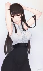 Rule 34 | 1girl, armpits, arms up, artist name, black bra, black hair, blunt bangs, blush, bra, breasts, center frills, frills, gradient background, high-waist skirt, highres, hime cut, large breasts, lips, long hair, looking at viewer, meme attire, naomi (unsomnus), original, parted lips, red eyes, see-through, signature, skirt, sleeveless, smile, solo, underwear, unsomnus, virgin killer outfit
