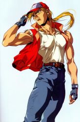 Rule 34 | blonde hair, denim, fatal fury, fingerless gloves, gloves, hat, highres, jacket, jeans, male focus, muscular, official art, oobari masami, pants, ponytail, scan, snk, solo, terry bogard