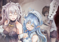 Rule 34 | 3girls, ahoge, anger vein, angry, animal ears, black coat, black dress, black skirt, blood, blood from mouth, blood on clothes, blood splatter, blouse, blue hair, blue neckwear, blush, boxcutter, boxcutter girl (home sweet home), breasts, brown hair, cleavage, cleavage cutout, closed eyes, clothing cutout, coat, collared shirt, commentary, crossover, dress, earrings, fang, flower, fur-trimmed coat, fur trim, hair between eyes, hair flower, hair ornament, hair over one eye, heart, heart ahoge, highres, holding, holding weapon, hololive, home sweet home (game), indoors, jewelry, light blue hair, lion ears, locked arms, long hair, looking at another, medium breasts, miniskirt, multicolored hair, multiple girls, neck ribbon, off shoulder, open mouth, pale skin, pointy ears, ribbon, see-through, see-through cleavage, shirt, shishiro botan, shishiro botan (1st costume), short hair, silver hair, skirt, sleeveless, streaked hair, translated, upper body, virtual youtuber, weapon, white dress, white shirt, wing collar, yellow eyes, yohane, yukihana lamy