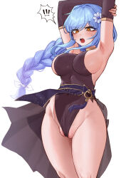 Rule 34 | !, 1girl, @ @, armpits, arms up, black leotard, blue hair, braid, breasts, covered navel, cowboy shot, detached sleeves, frontal wedgie, hair ornament, highleg, highleg leotard, highres, large breasts, leotard, long hair, long sleeves, looking down, open mouth, partially visible vulva, sideboob, simple background, single braid, solo, speech bubble, spoken exclamation mark, stretching, suitshark, sweatdrop, very long hair, wedgie, white background, yellow eyes