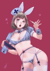 Rule 34 | 1girl, animal ears, bad id, bad pixiv id, blue panties, breasts, brown eyes, brown hair, cleavage, clipboard, cowboy shot, digital thermometer, garter belt, garter straps, hat, holding, holding thermometer, kamiyama aya, looking at viewer, navel, nurse cap, open mouth, original, panties, rabbit ears, red background, simple background, solo, striped clothes, striped panties, teeth, thermometer, thighhighs, tongue, underwear, vertical-striped clothes, vertical-striped panties, white background, white thighhighs, wrist cuffs