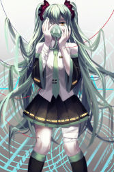 Rule 34 | 1girl, bandage over one eye, bandages, detached sleeves, green hair, hatsune miku, highres, kneehighs, lama-pacos, long hair, nail polish, necktie, oxygen mask, skirt, socks, solo, twintails, very long hair, vocaloid, yellow eyes