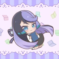 Rule 34 | 1girl, black dress, black hair, blue eyes, blue hair, blunt ends, book, carron (pretty series), chibi, chii (chi pppuri), closed mouth, collared shirt, commentary request, dress, full body, holding, holding book, long hair, long sleeves, looking at viewer, multicolored hair, open book, pretty series, purple eyes, purple hair, shirt, smile, solo, very long hair, waccha primagi!, white shirt