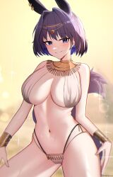 Rule 34 | 1girl, animal ears, arabian clothes, bikini, blue eyes, breasts, breasts apart, dancer, earrings, extra ears, hair intakes, highres, hololive, hololive english, jewelry, kotodekun, large breasts, looking at viewer, navel, ouro kronii, short hair, smile, solo, sweat, swimsuit, tail, virtual youtuber