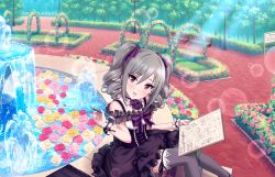 Rule 34 | 10s, 1girl, artist request, ascot, bare shoulders, blush, collarbone, cuffs, drill hair, flower, fountain, grey hair, grey thighhighs, hair ribbon, holding, holding pencil, idolmaster, idolmaster cinderella girls, idolmaster cinderella girls starlight stage, kanzaki ranko, lamppost, looking at viewer, official art, open mouth, park, pencil, pink eyes, pink flower, purple ribbon, ribbon, rose bush, sketchbook, sleeveless, smile, solo, thighhighs, tree, twin drills, water, white flower, yellow flower