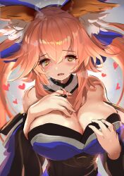 Rule 34 | 1girl, animal ear fluff, animal ears, bare shoulders, breasts, cleavage, embarrassed, fang, fate/extra, fate (series), fox ears, grey background, highres, large breasts, long hair, looking at viewer, open mouth, orange hair, skin fang, tamamo (fate), tamamo no mae (fate/extra), thyr, twirling hair, very long hair, wide sleeves, yellow eyes