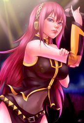 Rule 34 | 1girl, bad id, bad pixiv id, bare shoulders, belt, blue eyes, breasts, concert, detached sleeves, halterneck, halterneck, headphones, impossible clothes, large breasts, lens flare, lips, lipstick, long hair, makeup, megurine luka, microphone, midriff, navel, pink hair, purple eyes, see-through, side slit, signature, skirt, solo, stage, tinnies, vocaloid