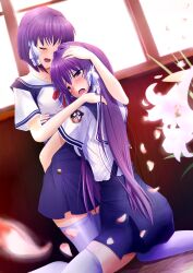 Rule 34 | 2girls, absurdres, arm around waist, arms around neck, blue skirt, blurry, blush, bob cut, clannad, closed eyes, commentary request, crying, crying with eyes open, depth of field, dutch angle, eyelashes, eyes visible through hair, falling petals, feet out of frame, flower, fujibayashi kyou, fujibayashi ryou, hair between eyes, hair intakes, headpat, high-waist skirt, highres, hikarizaka private high school uniform, hug, indoors, keikey7, kneeling, lily (flower), long hair, multiple girls, open mouth, petals, purple hair, red ribbon, ribbon, sad, sailor collar, school uniform, serafuku, shirt, short hair, short sleeves, siblings, sisters, skirt, smile, straight hair, summer uniform, suspender skirt, suspenders, tears, thighhighs, twins, very long hair, white flower, white sailor collar, white shirt, white thighhighs, zettai ryouiki
