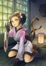 Rule 34 | 1girl, animal ears, animal hands, arm support, barefoot, brown hair, cat ears, cat tail, claws, comb, flower, green eyes, hair flower, hair ornament, highres, indoors, japanese clothes, kimono, kneeling, lantern, long sleeves, looking at viewer, multiple tails, obi, oboro muramasa, okoi (oboro muramasa), paper lantern, sash, solo, soraao (aokabi), tail, tongue, tongue out, vanillaware, wide sleeves