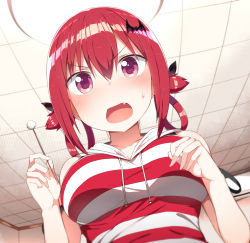 Rule 34 | &gt;:o, 10s, 1girl, :o, bare arms, bare shoulders, bat hair ornament, black ribbon, blush, breasts, casual, ceiling, ceiling light, collarbone, commentary request, dutch angle, fang, from below, gabriel dropout, greatmosu, hair between eyes, hair ornament, hair ribbon, hair rings, highres, holding, hood, hoodie, indoors, large breasts, looking at viewer, looking down, mimikaki, open mouth, purple eyes, red hair, ribbon, satanichia kurumizawa mcdowell, shirt, short hair, sleeveless, sleeveless shirt, solo, strap slip, striped clothes, striped shirt, sweat, sweatdrop, tile ceiling, tiles, upper body, v-shaped eyebrows