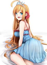 Rule 34 | 1girl, absurdres, ahoge, arm support, bad id, bad pixiv id, bare shoulders, blue dress, blue eyes, blush, braid, breasts, dress, dvdraw, frilled dress, frills, hair ribbon, highres, large breasts, long hair, looking at viewer, open mouth, orange hair, pecorine (princess connect!), pleated dress, princess connect!, red ribbon, ribbon, see-through, side braid, sitting, smile, solo, swept bangs, tiara, very long hair, white background, yokozuwari
