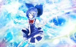 Rule 34 | 1girl, absurdres, blue dress, blue eyes, blue hair, blush, bow, cirno, clothes pull, commentary request, dress, dress pull, hair bow, hand up, highres, ice, ice wings, legs, looking to the side, matching hair/eyes, puffy short sleeves, puffy sleeves, shirt, short dress, short sleeves, sinzan, sleeveless, sleeveless dress, smile, solo, sparkle, touhou, white shirt, wings