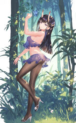 Rule 34 | 1girl, ai-assisted, ass, azur lane, bare arms, bare shoulders, bikini, bikini skirt, black hair, black pantyhose, blue butterfly, bracelet, breasts, brown pantyhose, bug, butterfly, crop top, crop top overhang, forest, from side, full body, hair ornament, hairclip, high heels, highres, horns, insect, jewelry, large breasts, long hair, looking at viewer, medium breasts, midriff, miniskirt, nature, noshiro (azur lane), outdoors, pantyhose, purple eyes, see-through, sideboob, skirt, solo, standing, standing on one leg, swimsuit, urdha