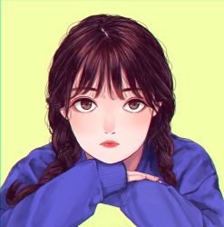 Rule 34 | 1girl, absurdres, blue sweater, blunt bangs, braid, brown eyes, chromatic aberration, expressionless, hair over shoulder, hands up, head rest, highres, lips, looking at viewer, original, portrait, realistic, sanpaku, shinkoku, simple background, sleeves past wrists, solo, sweater, twin braids