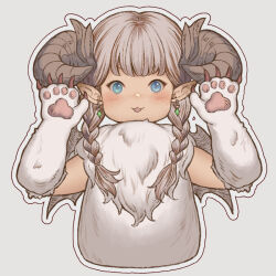 Rule 34 | 1girl, :3, animal costume, bat wings, blue eyes, blush, braid, brown hair, cropped torso, earrings, elbow gloves, fake claws, final fantasy, final fantasy xiv, flat chest, gloves, grey background, highres, horns, jewelry, lalafell, long hair, looking at viewer, mane, pointy ears, sheep horns, simple background, solo, twin braids, udongo99, warrior of light (ff14), wings, wolf costume, wolf paws