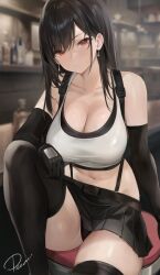 Rule 34 | 1girl, asymmetrical bangs, bar (place), bar stool, black gloves, black hair, black panties, black skirt, black thighhighs, blurry, blurry background, breasts, cleavage, closed mouth, collarbone, dangle earrings, earrings, elbow gloves, final fantasy, final fantasy vii, final fantasy vii remake, gloves, highres, jewelry, knee up, large breasts, long hair, looking at viewer, midriff, navel, on stool, panties, pantyshot, preview (preview0), red eyes, signature, sitting, skirt, solo, stool, suspender skirt, suspenders, tank top, thighhighs, thighs, tifa lockhart, underwear, white tank top