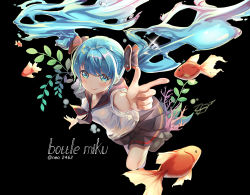 Rule 34 | 1girl, artist name, bad id, bad pixiv id, black background, black bow, black skirt, blue eyes, blue hair, blush, bottle miku, bow, character name, dampi, fish, floating hair, goldfish, hair between eyes, hair bow, hatsune miku, index finger raised, liquid hair, long hair, looking at viewer, miniskirt, outstretched arm, pleated skirt, shirt, short sleeves, simple background, skirt, smile, solo, twintails, very long hair, vocaloid, white shirt