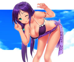 Rule 34 | 10s, 1girl, :d, aqua eyes, bent over, bikini, breasts, cleavage, day, female focus, green eyes, hair bobbles, hair ornament, large breasts, leaning forward, long hair, love live!, love live! school idol project, open mouth, purple bikini, purple hair, sarong, sky, smile, solo, swimsuit, tojo nozomi, twintails, zimajiang