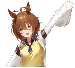 Rule 34 | 1girl, agnes tachyon (umamusume), ahoge, animal ears, arm up, breasts, brown hair, collared shirt, cropped torso, earrings, highres, horse ears, jewelry, lab coat, looking at viewer, medium hair, open mouth, red eyes, shirt, simple background, single earring, sleeves past fingers, sleeves past wrists, small breasts, smile, solo, sweat, sweater, sweater vest, umamusume, upper body, white background, yanyo (ogino atsuki), yellow sweater