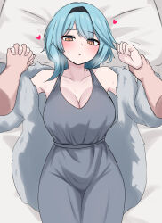 Rule 34 | 1girl, 1other, :o, absurdres, alternate costume, bare shoulders, black hairband, blue hair, breasts, brown eyes, cleavage, commentary request, cowboy shot, disembodied limb, dress, eula (genshin impact), fur jacket, genshin impact, grey dress, hairband, heart, highres, jacket, large breasts, looking at viewer, lying, medium hair, off shoulder, on back, open clothes, open jacket, parted lips, ringda, solo focus