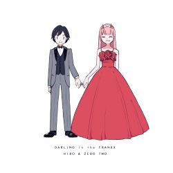 Rule 34 | 10s, 1boy, 1girl, black footwear, black hair, black neckwear, bow, bowtie, couple, darling in the franxx, dress, closed eyes, formal, grey suit, hair ornament, hairband, highres, hiro (darling in the franxx), horns, long hair, oni horns, pink hair, red dress, red horns, shoes, short hair, sorato8, suit, white hairband, zero two (darling in the franxx)