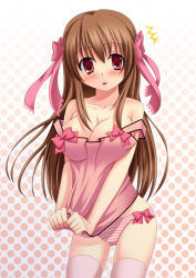 Rule 34 | 1girl, ^^^, ayase aria, blush, bow, breasts, brown hair, camisole, cleavage, hair bow, large breasts, long hair, original, panties, red eyes, solo, strap slip, striped clothes, striped panties, thighhighs, underwear