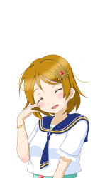 Rule 34 | 1girl, artist name, artist request, blue necktie, blue sailor collar, blush, bracelet, breasts, brown hair, closed eyes, female focus, hair between eyes, hair ornament, highres, jewelry, koizumi hanayo, looking at viewer, love live!, love live! school idol festival, love live! school idol project, necktie, parted lips, rubbing eyes, sailor collar, shirt, short hair, short sleeves, small breasts, smile, solo, upper body, white background, white shirt