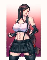 Rule 34 | 1girl, abs, artist name, bare shoulders, black gloves, black hair, black skirt, black thighhighs, blush, breasts, clenched hands, closed mouth, collarbone, commentary, cowboy shot, crop top, earrings, elbow gloves, final fantasy, final fantasy vii, final fantasy vii rebirth, final fantasy vii remake, fingerless gloves, gloves, gradient background, highres, jewelry, large breasts, long hair, looking at viewer, low-tied long hair, luchidart, midriff, navel, outside border, red eyes, red lips, single arm guard, single earring, skirt, smile, solo, suspender skirt, suspenders, swept bangs, tank top, thighhighs, tifa lockhart, toned, upper body, very long hair, white tank top, zettai ryouiki