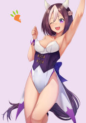 Rule 34 | 1girl, alternate costume, animal ears, arm up, armpits, bare shoulders, blue bow, bow, breasts, brown hair, cleavage, clenched hand, coattails, corset, covered navel, ear covers, groin, highres, horse ears, horse girl, horse tail, leotard, multicolored hair, nontraditional playboy bunny, one eye closed, open mouth, pink background, purple eyes, short hair, simple background, small breasts, smile, solo, special week (umamusume), standing, tail, tks (526tks), two-tone hair, umamusume, white leotard, wrist cuffs