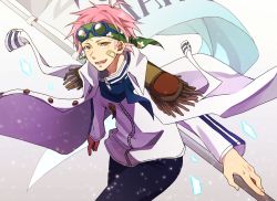 Rule 34 | 1boy, bandages, brown eyes, koby (one piece), eyewear on head, flag, glasses, headband, looking at viewer, mako1124, male focus, one piece, open mouth, pink hair, scarf, smile, solo, uniform, zipper