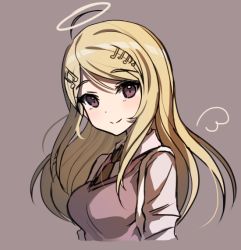Rule 34 | 10s, 1girl, ahoge, akamatsu kaede, bad id, bad pixiv id, blonde hair, breasts, commentary request, danganronpa (series), danganronpa v3: killing harmony, drawn wings, fortissimo, hair ornament, hairclip, halo, long hair, looking at viewer, musical note, musical note hair ornament, necktie, purple eyes, school uniform, smile, solo, ssumbi, sweater vest, upper body