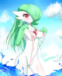 Rule 34 | 1girl, :p, alternate color, beach, bikini, blush, breasts, creatures (company), furry, game freak, gardevoir, gen 3 pokemon, green hair, groin, inverted nipples, licking lips, long hair, looking at viewer, naughty face, navel, nintendo, nipples, no humans, pokemon, pokemon (creature), puffy areolae, red eyes, sana!rpg, shiny skin, slingshot swimsuit, solo, standing, swimsuit, text focus, thighs, tongue, tongue out, wedgie