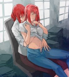 Rule 34 | 00s, 2girls, aozaki aoko, aozaki touko, bad id, bad pixiv id, blush, book, book stack, grabbing another&#039;s breast, breasts, chair, closed eyes, clothes lift, dress shirt, grabbing, groping, hand on another&#039;s stomach, hand on own shoulder, incest, kara no kyoukai, light smile, lsunl, midriff, multiple girls, navel, open pants, pants, red eyes, red hair, shirt, shirt lift, siblings, sisters, sitting, sitting on lap, sitting on person, t-shirt, tsukihime, type-moon, undone, window, yuri