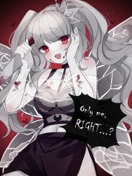 Rule 34 | 1girl, bad id, bad twitter id, black skirt, blood, blood on arm, blood on clothes, bloody weapon, bra, colored skin, commentary, commission, crown, english commentary, english text, fang, grey bra, grey skin, hand on own face, head tilt, highres, holding, holding knife, kireitsu, knife, looking at viewer, navel, open mouth, red eyes, second-party source, see-through, silver hair, skeb commission, skirt, smile, solo, sorani (kaeru0768), sumiko himeko, twintails, underwear, virtual youtuber, weapon, yandere