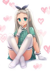 Rule 34 | 1boy, :3, :q, aqua eyes, blend s, blush, center frills, commentary, crossed legs, frills, full body, gloves, hair ribbon, hand to own mouth, heart, heart background, highres, kanzaki hideri, kazenokaze, long hair, male focus, ribbon, simple background, sitting, smile, solo, stile uniform, thighhighs, tongue, tongue out, trap, waitress, white background, white gloves, white hair, white thighhighs