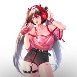 Rule 34 | 1girl, arm up, artist name, beats by dr. dre, belt, black belt, black hair, black shorts, breasts, collarbone, cup, drinking, drinking straw, headphones, highres, holding, holding cup, large breasts, lips, long hair, looking away, nipples, original, pink eyes, potetos7, see-through, see-through shirt, short shorts, short sleeves, shorts, slit pupils, solo, tongue, tongue out, twintails, twitter username, very long hair