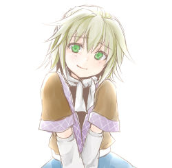 Rule 34 | 1girl, arm support, arm warmers, blonde hair, green eyes, happy, head tilt, japanese clothes, looking at viewer, lovestruck, mizuhashi parsee, monrooru, robe, sash, scarf, short hair, skirt, smile, solo, touhou, v arms, white background